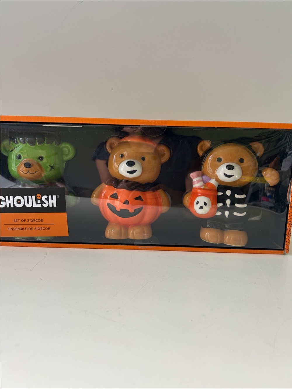 Halloween Teddy Bear Figurine Set - Orange, Green, Black Set of 3 NEW